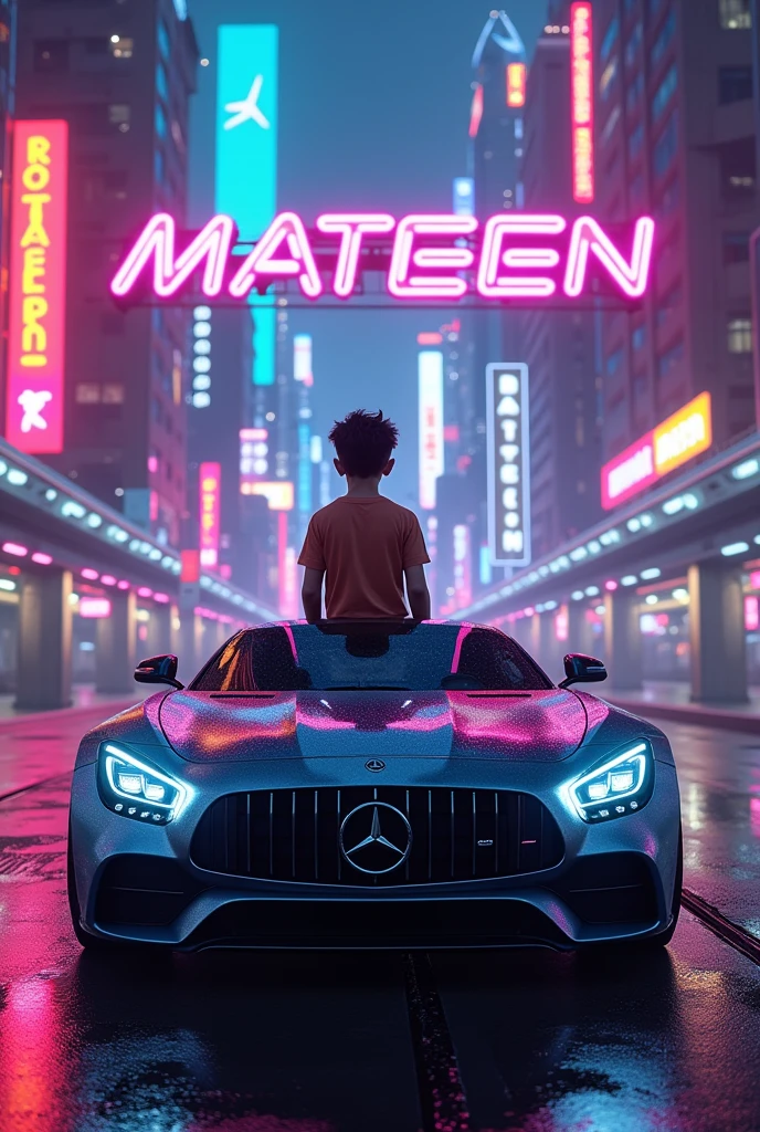 A young boy in cyberpunk neon city with Mercedes Benz and his name mateen is written on background with neon lights 