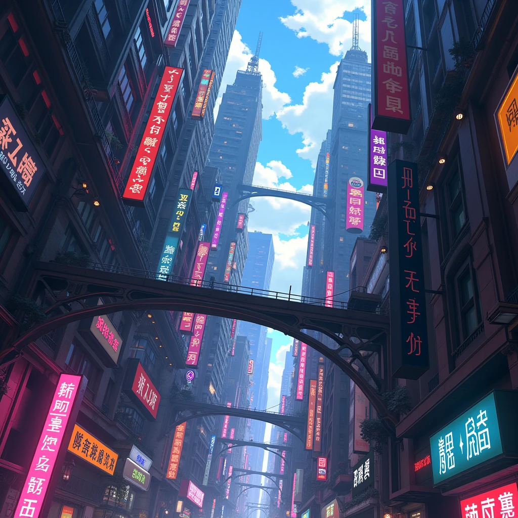 ((Highly detailed anime art)),A multi-layered city,chaos,Looking up,Neon Signs,sf,colorful,Decadent,Slam,Between buildings,((masterpiece, Highest quality, Extremely detailed CG, unity 8k wallpaper )),(masterpiece, Highest quality, Highest quality, Official Art, beautiful),Very vivid,High-precision images,Ultra-high resolution,Great art,Poster Art,Impressive photos,Impressive art,beautiful顔,Perfect Face