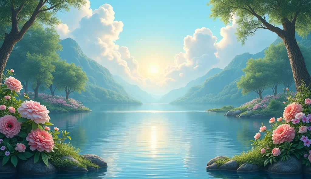 (photorealism:1.2), ethereal landscape with tranquil waters reflecting a serene sky, gentle light filtering through soft clouds, surrounded by lush greenery and vibrant flowers, symbolizing peace and faith, digital painting, high detail, calming colors, inspired by spiritual themes and nature, masterpiece by Thomas Kinkade and Claude Monet, 8k resolution