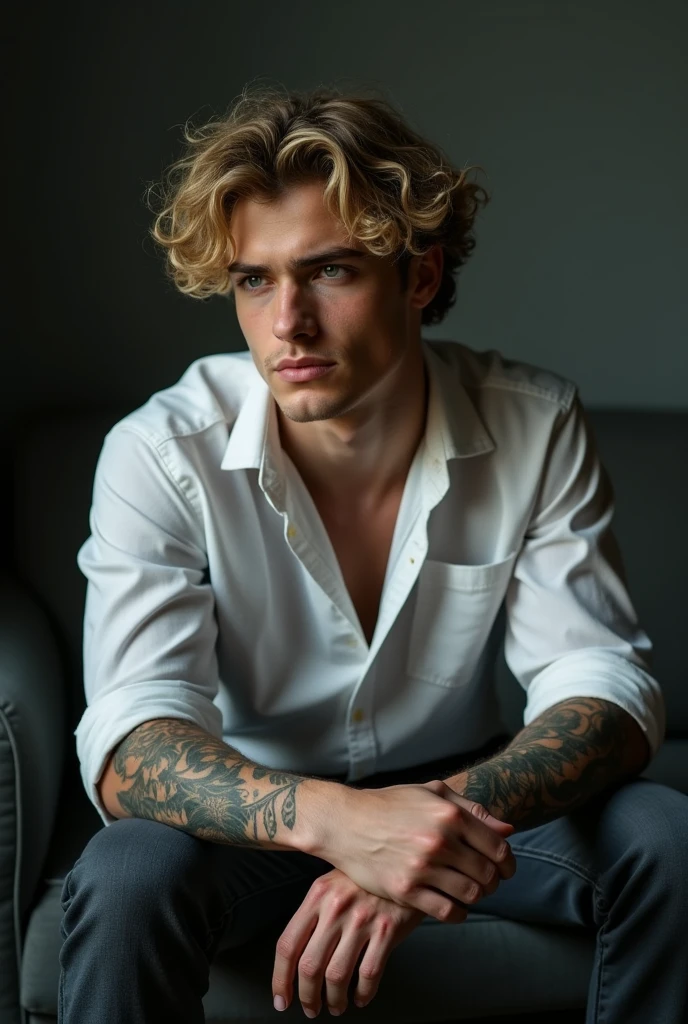 A young and handsome man of 20 years old, with curly blonde hair and green eyes that convey sadness. his face is attractive, Without beard, but with some marks that suggest it has been through difficult times. A CRYSTAL TEAR shines on her cheek. He is sitting on a sofa in a dark and neutral environment, with elbows resting on knees. He is wearing a white shirt that highlights his athletic figure and worn mechanic's pants.. Both of his arms are covered in tattoos., which adds an artistic touch to its appearance. The expression on his face reflects melancholy., creating an introspective atmosphere, that the image looks dark and only focuses on the young man, a bright image