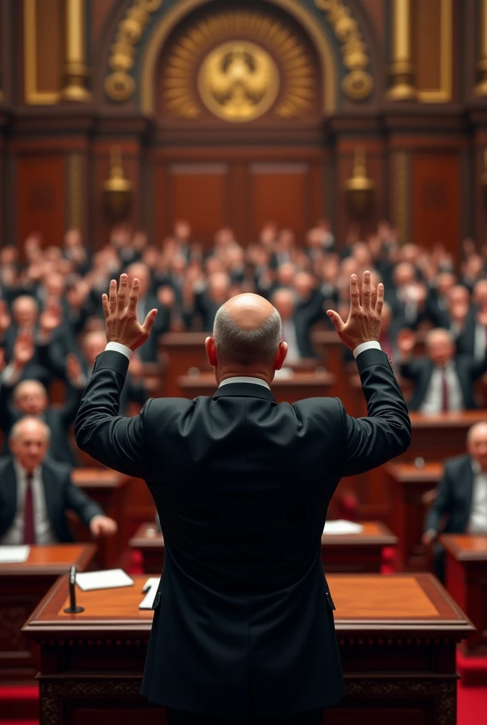 Polska Sala sejmowa, posłowie trzymają obie ręce w górze. Przed nimi stoi za mównicą mężczyzna około 45 lat łysy