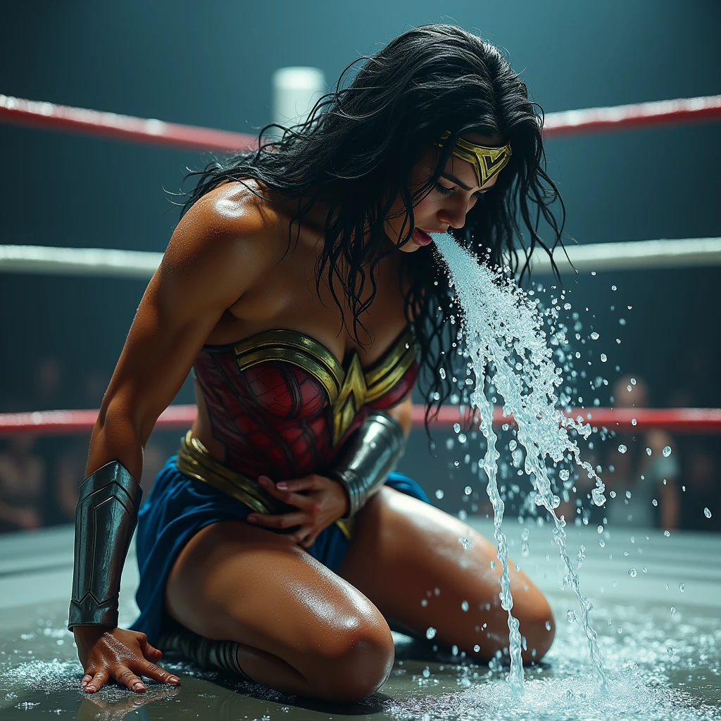 (sweaty)(muscular)A very sweaty Wonder Woman is kneeing in the ring, one hand on her belly and one hand on the floor. She's vomiting heavily, she spits out lot of visible water repeatedly. Lot and Lot of water continously dropping from her mouth to the floor. There is lot of sweat on her muscular body. She's coughing and breathing hard.