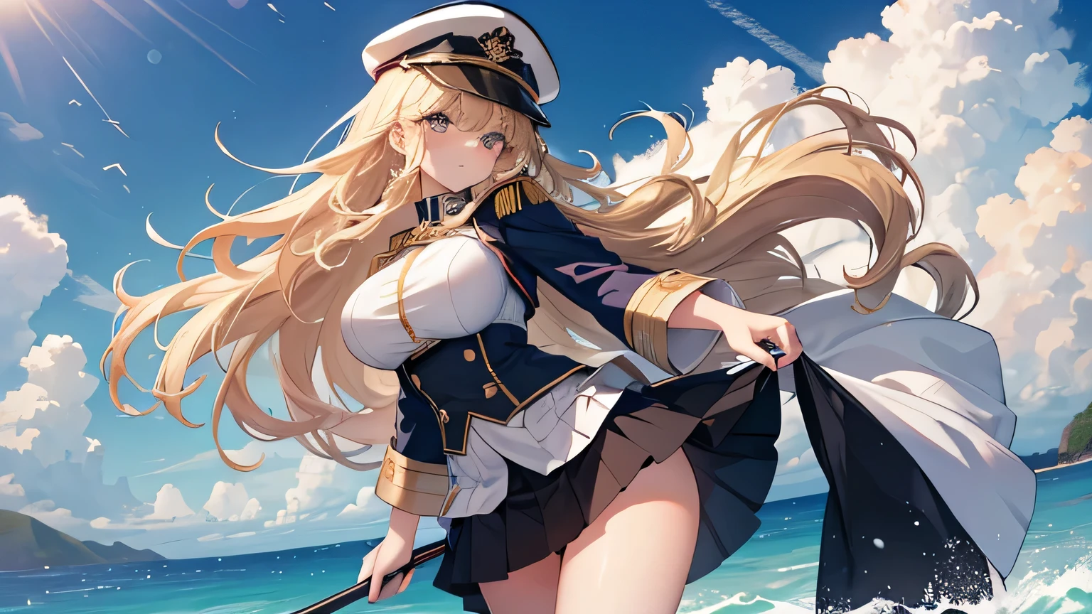 masterpiece, high quality, a beautiful woman on a boat, Long hair, wavy hair, blonde hair, amber eyes, serious face, big breasts, juicy breasts, naval military uniform, short skirt, boonie hat, Ocean bottom