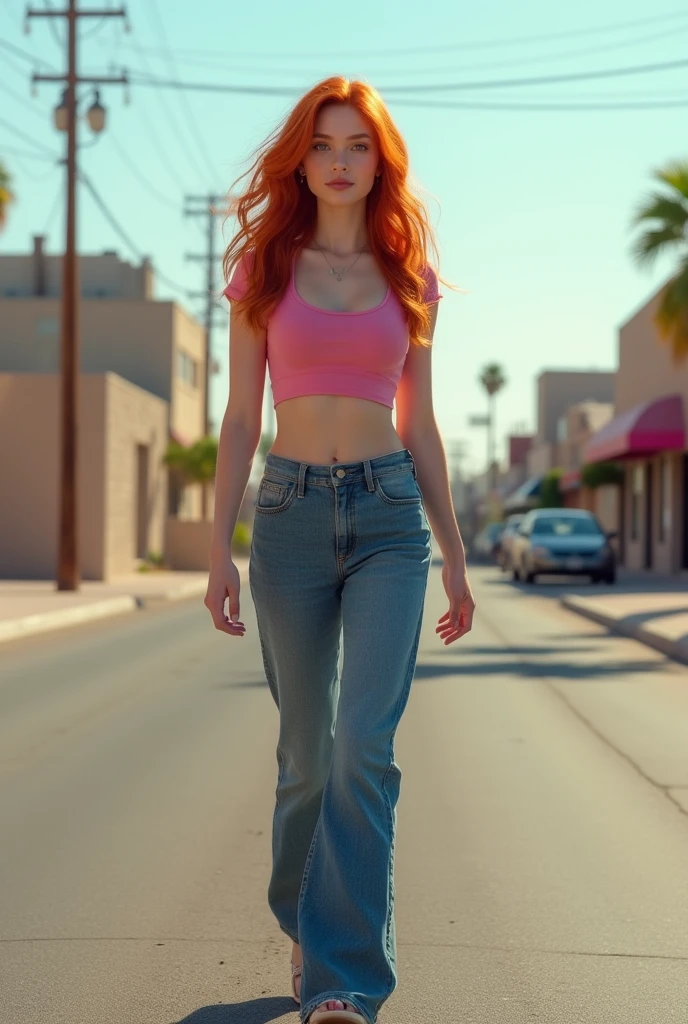 une fille rousse de 19 ans marche dans la rue à Phoenix (Arizona). Elle porte un jean large bleu et un crop top rose. Elle a une bouche fine et des levres rose, des yeux bleus et une grosse poitrine. Il n'y a personne dans la rue