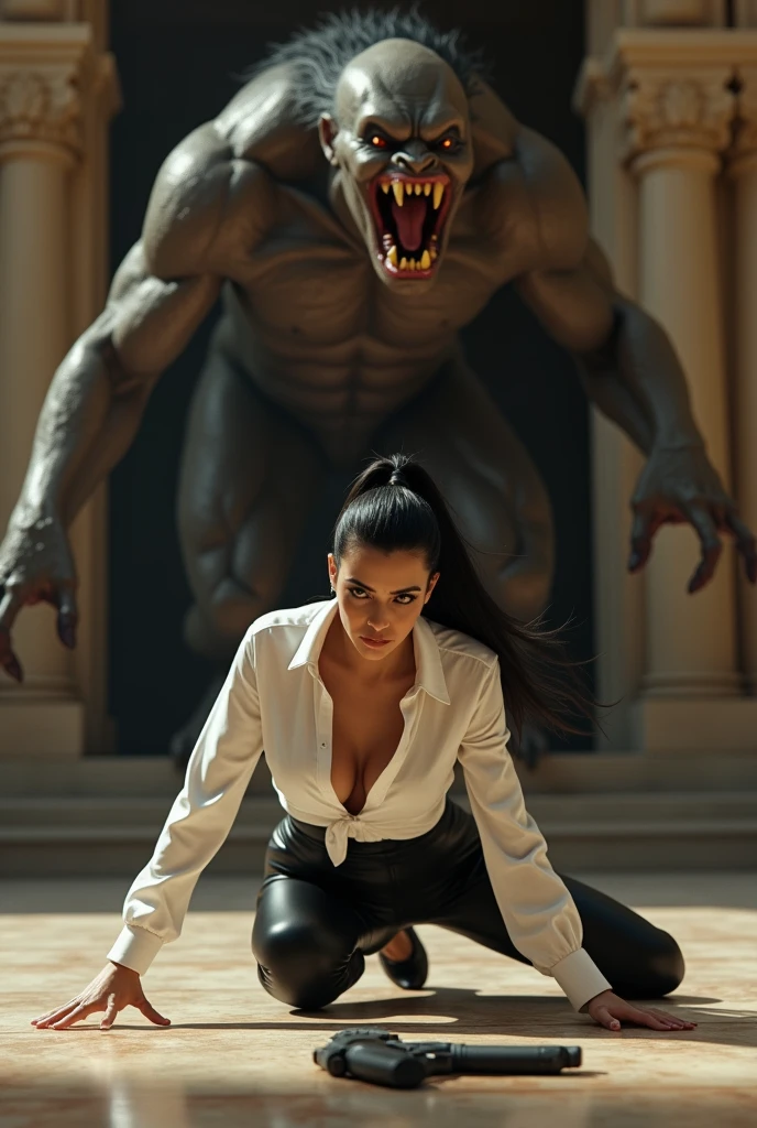 Kim Kardashian with long straight black hair in a ponytail in a white shirt with buttons with sleeves and not belly-free, generous cleavage,in very tight black leather pants , she crawls on the floor and desperately tries to grab a gun that is lying in front of her, behind her is a terrible monster with an open mouth and sharp teeth jumping at her, in a temple