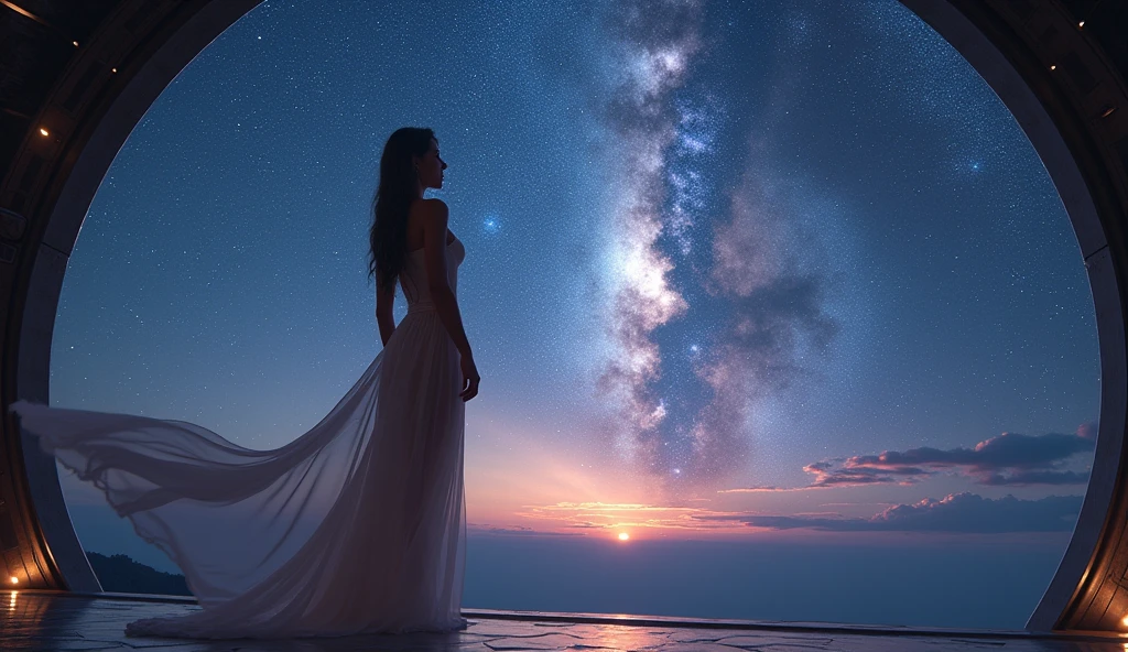 , ((masterpiece, Highest quality, Best image quality, High resolution, reality, RAW Photos, 8k)), ((Highly detailed CG synthesis 8k wallpaper)), (big、Amazing Goddess Pictures, Very hot and sexy, she&#39;she&#39;s wearing a gorgeous sheer dress, Stunning beauty, Perfect Proportions, beautiful体, beautiful, Slim figure:1.4), Midnight, Stars from the observation deck of a huge spaceship々々々々look up, Ancient Gods々々々々look up空, The origin of humanity, Rear View,