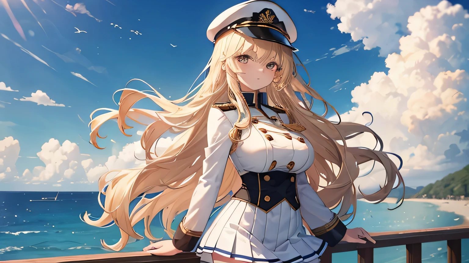 masterpiece, high quality, a beautiful woman on a boat, Long hair, wavy hair, blonde hair, amber eyes, serious face, big breasts, juicy breasts, white naval military uniform, short skirt, boonie hat, Ocean bottom