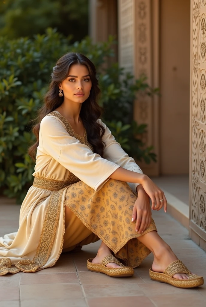 Create a high-resolution 4K fashion photoshoot image featuring a model dressed in traditional attire, with a special focus on the khussa (traditional footwear). The setting should be outdoors near a beautifully detailed wall with intricate patterns. The model should be posed elegantly to prominently showcase the khussa, ensuring the footwear is captured in sharp focus with all intricate details visible. The background should include lush greenery, complemented by warm, natural lighting that enhances the overall aesthetic. The model's attire, face, and khussa should all be highlighted with professional precision to reflect the essence of traditional fashion."

