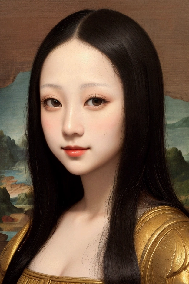 ((Masterpiece Real Photos 8K Wallpaper))(( Full-length or half-length portrait))I want to create the woman I desire.She is about 2. Height 168 cm.She has long, straight, black hair that reaches her waist..She is a young oriental woman with a figure in line with the golden proportions of the human body, exquisite facial features, and a healthy complexion.. I want her to be like Mona Lisa.Always with a mysterious smile on his face.And looked at me with loving eyes.