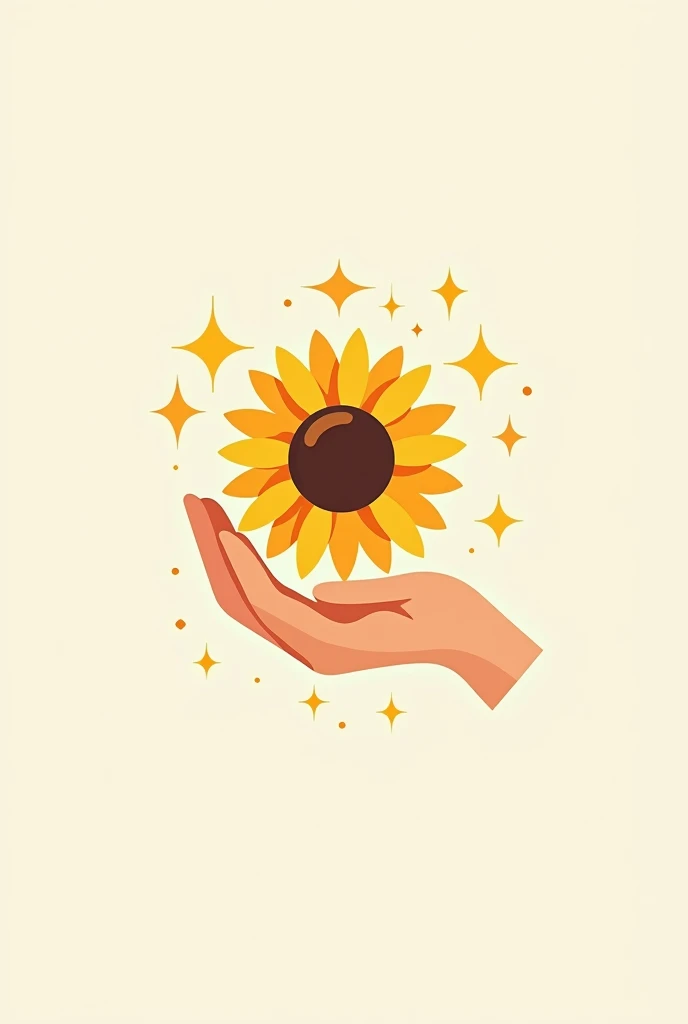 Draw 2d logo of a female hand holding a sunflower with sparkling stars around in Minimalism style