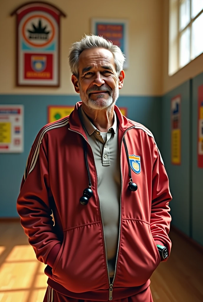 A weathered, middle-aged PE teacher with salt-and-pepper hair and laugh lines, standing confidently in a sun-drenched gymnasium. Hyper-realistic details capture sweat beads, worn whistle, and polyester tracksuit. Nostalgic 80s posters line walls, evoking determination and perseverance in sports education.