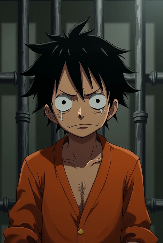 Monkey D. Luffy in an orange long-sleeved prison uniform with closed and teary eyes inside a prison