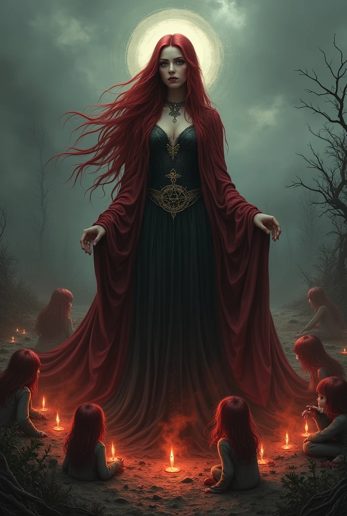Reimagine mary of nazareth as a wiccan goddess surrounded by red haired children with black eyes. Background is dark wasteland post apocalyptic. Lighting is dim. Colors are red, black, white. Objects in scene are candles, smoke, mirrors, pentacles, herbs, gemstones