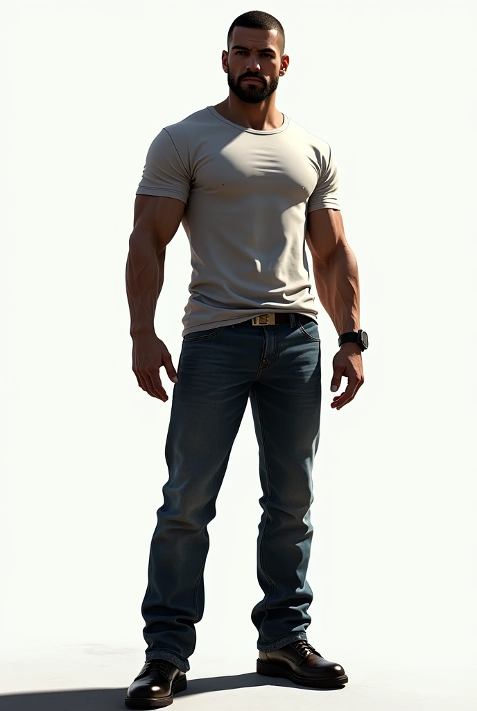 GTA STYLE,chumbo masculino,muscular, rough, tight t-shirt, jeans, boots, white background, retro artstyle,shadows and highlights,hight contrast,crime and danger、Tension and suspense、Reflections on the avant-garde and the low ebb、Shady、evocative composition。(Best quality at best,4K,8K,A high resolution,tmasterpiece:1.2),ultra - detailed,(actual,realisticlying,Photorealistic:1.37)