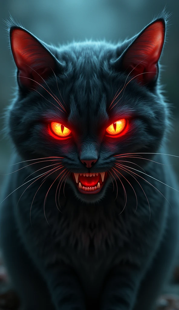 3d、Ultra HD、Front view、Horror、Digital Art、An illustration、The cat's eyes are glowing red、Squinting his eyes and smiling、
