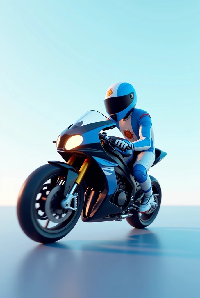Generate an animated version of a motorcycle with a biker, where the biker wears the colors of Argentina. Plain background and black motorcycle