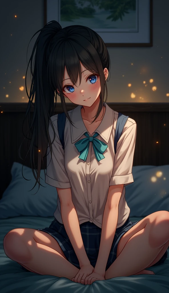 Kamisonoda, Umi Sonoda, long hair, blue hair, (yellow eyes:1.5) (flat chest:1.2),One girl sleeping with her eyes closed,Waking up,sleepy,A slightly open big shirt,black string underwear,barefoot,smile,Bedroom,the light goes out, covered with a blanket, windows,ロマンチックなmorning日,morning,extreme light,
break indoors, Bedroom,
break (masterpiece:1.2), highest quality, High resolution, unity 8k wallpaper, (figure:0.8), (beautiful and fine eyes:1.6), highly detailed face, perfect lighting, Very detailed CG, (perfect hands, perfect anatomy),