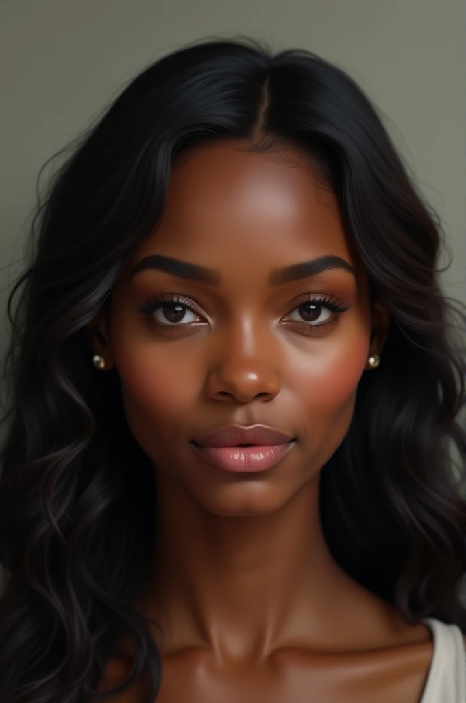 Black woman with straight hair, slightly wavy hair below the shoulders, fine lips, slightly flat nose, age 39 years, face natural