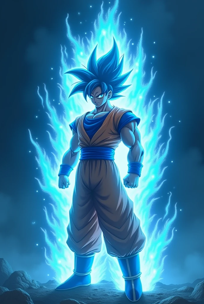 Goku transformed with ultra instinct with a matte blue background behind 