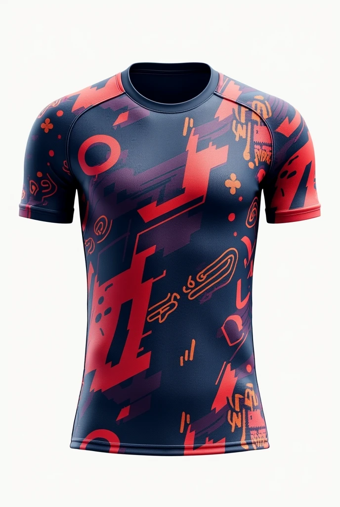 A football jersey with Unique patterns, From front, attractive, no logos, no texts, no human, only jersey 