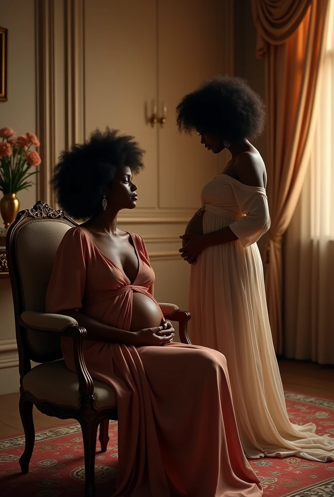Generate an image of a black beautiful lady sitting in her luxurious room with a black pregnant lady
