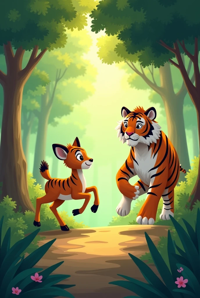 Story: Tiger and Deer in the Forest Once Upon a Time, in a green forest, There was a little deer named Little Deer and a strong tiger named Golden Tiger.. Baby Deer is very agile and intelligent., while the Golden Tiger is strong and confident.
One day, Golden Tiger walking in the forest, accidentally met Baby Deer jumping happily under the green tree. Golden Tiger looks at Baby Deer, nghĩ thầm: "This deer is so small, I would definitely win if I ran with it.."
The Golden Tiger approached the Little Deer and said:
Hey Little Deer, dogg ta thi chạy nhé! See who can reach the distant grassy hill faster.!
Little Deer looks at Golden Tiger, know that his strength is not equal to the Tiger, but did not want to refuse the challenge. Little Deer replied.:
Okay, nhưng dogg ta hãy thi một cách công bằng nhé! Both will count from one to three and then start running..
Golden Tiger nodded confidently.. The contest begins, and as soon as they both counted to "ba", Golden Tiger rushed forward., leave the little deer behind. Little Deer tried his best, But its short little legs couldn't catch up with the Golden Tiger..
But Little Deer was not discouraged., It came up with a clever plan.. While the Golden Tiger was busy running, Little Deer Finds a Shortcut, go through the small paths that only it knows. The nimble baby deer weaved through the bushes., jump over rocks, and finally reached the grassy hill before the Golden Tiger..
Golden Tiger arrives, saw Little Deer standing there since when, gasped and said:
How can this be?? We are stronger and faster, how can you come first?
Little Deer smiled and replied.:
Hey Golden Tiger!, strength is not always the most important. Sometimes, Intelligence and knowing how to take advantage of opportunities can also help us win..
Hổ Vàng hiểu ra, no longer feel sad but on the contrary admire the intelligence of Little Deer. Since, both became best friends, and they always help each other in every challenge of life in the forest.
And so it is, câu chuyện về Hổ Vàng và Hươu Nhí trở thành bài học quý giá cho tất cả muông thú trong rừng: Even though small, but if smart and patient, dog