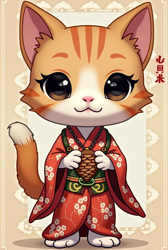 Funko cartoon style disney cat dressed as a geisha, around the neck a necklace with a pine cone in the center, lovely oriental eyes 