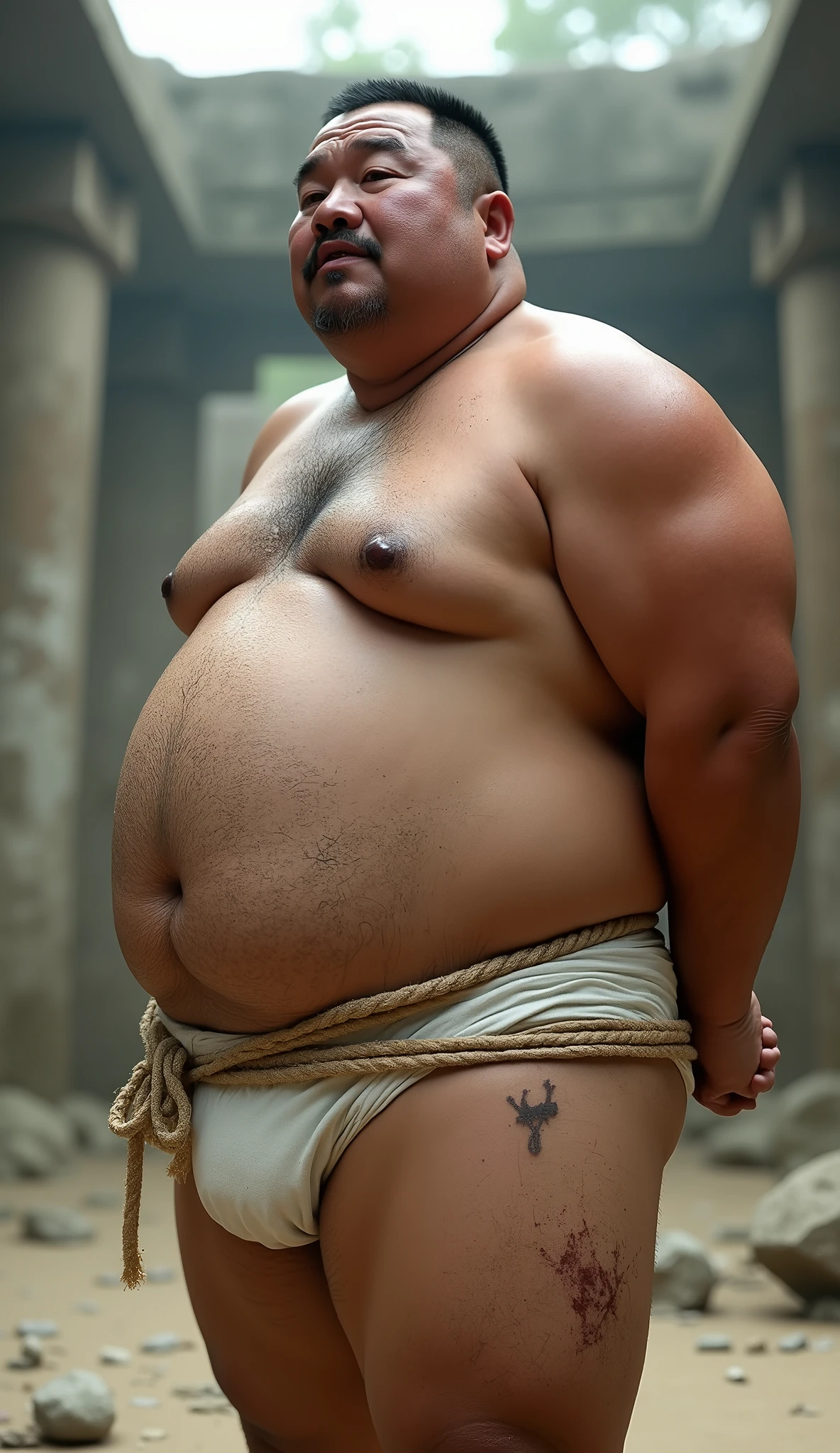 Photorealistic middle-aged obese Japanese male、Single eyelid、50th Generation、Short black mustache、Short black buzz cut、whole body、Fat-laden muscle bear、Homosexuals、Full Body、Thick, short legs with muscle and fat、Short, thick arms with muscle and fat、Square, thick face、Thick and muscular chest、Thick waist、A thick belly with muscle and fat、dark, tanned skin、Hairy、Large chest with muscle and fat Thick waist、Thick boar neck、Thick Ass、A firm, taut and plump body、Thinning hair、Middle Age、Yellow race and dark skin、father、Father、father、has narrow eyes、Erotic、He was wearing white briefs and had some urine stains around his genitals.、Standing with one arm folded behind his back、The whole body is bound with a thick rope.、Side view, facing towards the viewer、Ultra-realistic high quality、Highest quality, Anatomically correct, ahegao, tears, I want to cry, Character portrait, saliva, Grit your teeth, Drooling, Heavy breathing, shed tears, In the ruins during the day、