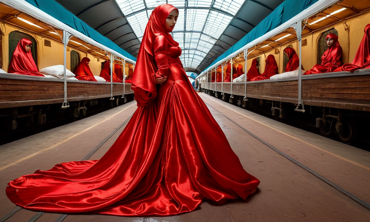 A woman shrouded in a 10-meter-long, plush red satin cloth, tightly bound and grandly draping along the form of her body, flowing off into a pooled floor-length train, styled in a mermaid-inspired outfit, her head modestly veiled in a satin hijab, in class room with her student, a full-body pose conveying a sense of mysterious elegance, captured in a 4k resolution, ultra-realistic