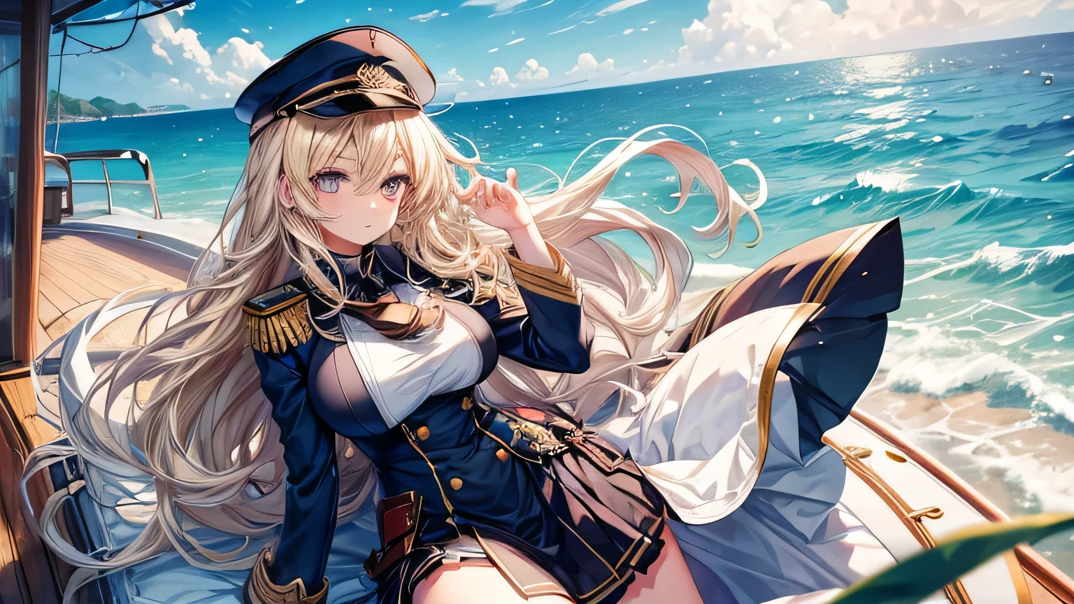 masterpiece, high quality, a beautiful woman on a boat, Long hair, wavy hair, blonde hair, amber eyes, serious face, big breasts, juicy breasts,  white naval military uniform, short skirt, boonie hat, Ocean bottom