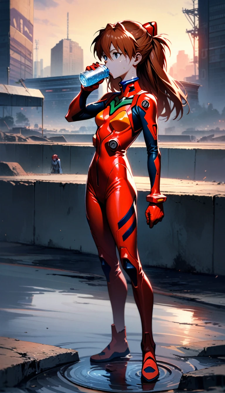 ((full body)),"One girl, Soryu Asuka Langley, Neon Genesis EVANGELION, Mid-chest,Athletic build, Track and field uniforms, Red Hair Clip, Sweaty skin, Drinking water, Snake mouth for outdoor use, Futuristic School Setting, Distant Eva Unit, Tired look, peace of mind, Nearby plug suits, LCL puddle, masterpiece, Highest quality, so beautiful, Absurd, Detailed face, Full Body Shot, Sunset sky, The skyline of Neo Tokyo 3"