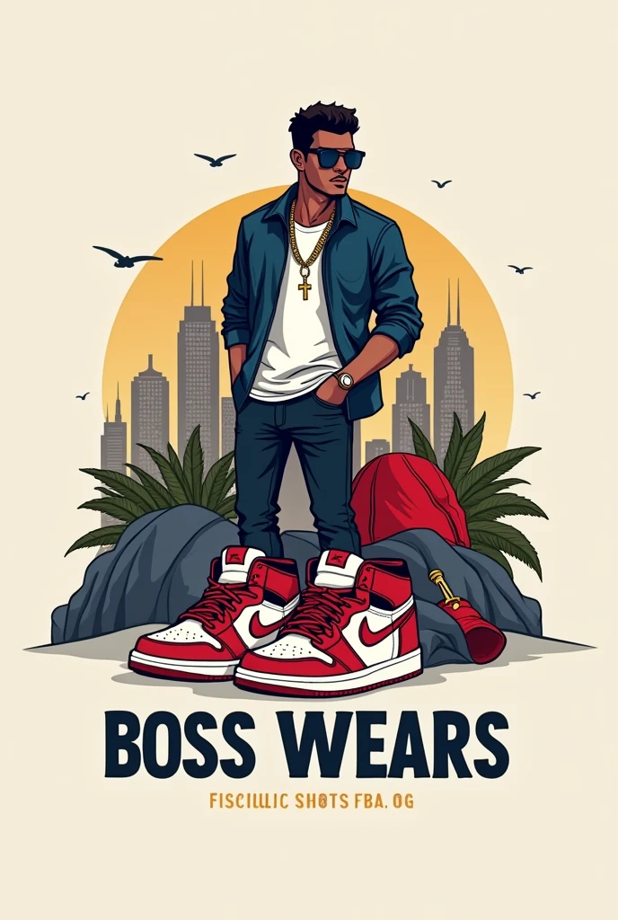 Create a business logo of  clothing brand "BoSS WEARS"  on background shoes collection Jordan 1 retro og  branding shorts collection of Gucci,Dior ,  there is no man  instead of man make a cartoon pictures of man 