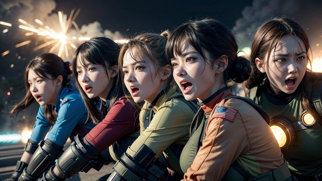 4 soldier women, each one by their respective color, blue, red, yellow and green, 3D anime style, vibrant, war, scream, fit, explosions, beauty woman, pretty, guns, vibrant image