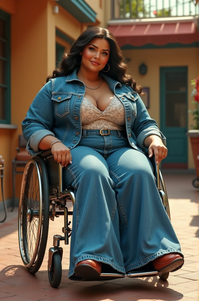 A ssbbw frau in super wide leg bell bottom flare jeans using a wheelchair,1970s wheelchairgirl