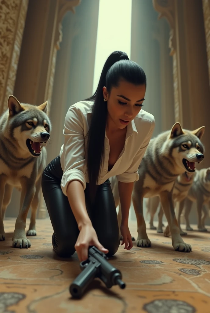 Kim Kardashian with long straight black hair in a ponytail in a white shirt with buttons with sleeves and not belly-free, generous cleavage,in very tight black leather pants , she crawls on the floor and desperately tries to grab a gun that is lying in front of her, behind her there are several aggressive wolves with open mouths and sharp teeth jumping at her, in a temple