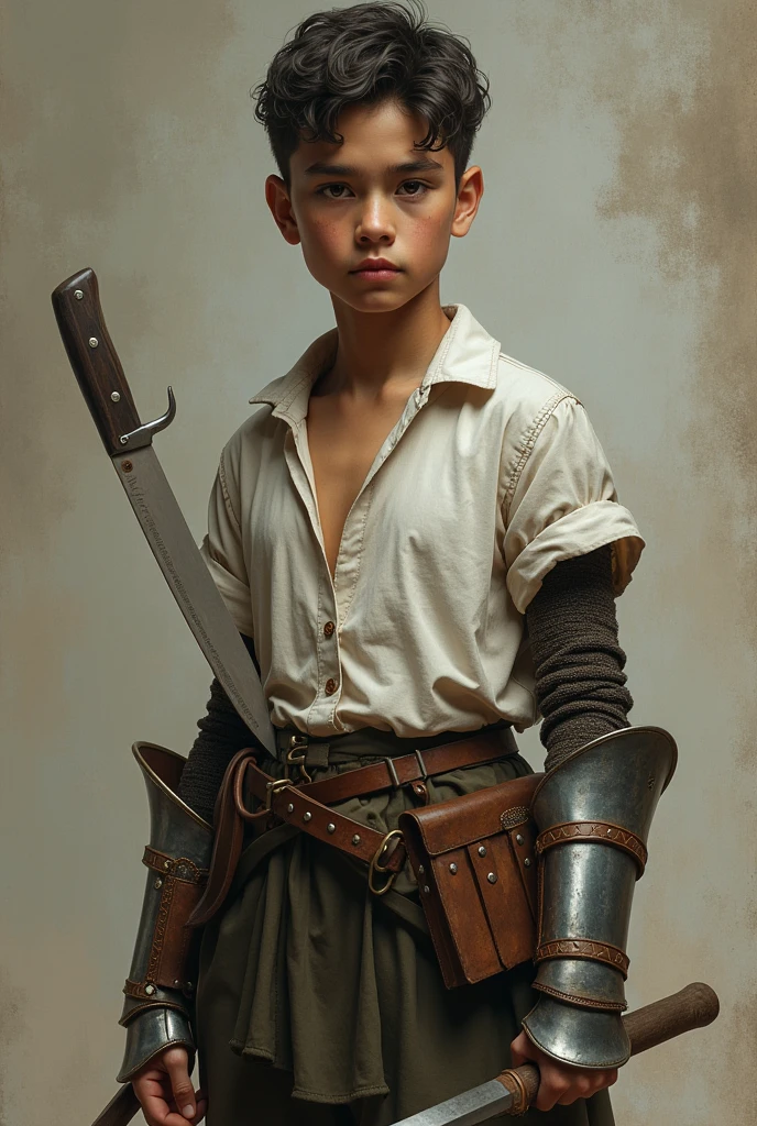 see me a young character with 1 without a beard with a giant kitchen knife and armor only on the arms and legs and a blouse
