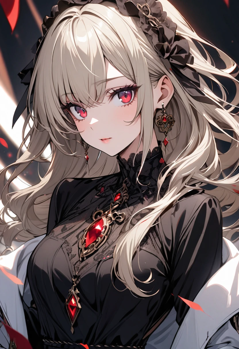 solo, eligant charm, 1 lady, black dress, platinum blonde hair, crimson eyes, beautiful eyes 