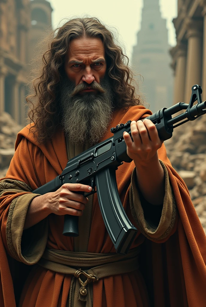 Leonardo da Vinci with an ak 47