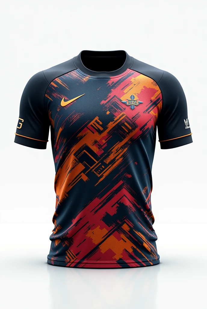 A football jersey with Unique patterns, From front, attractive, no logos, no texts, no human, only jersey