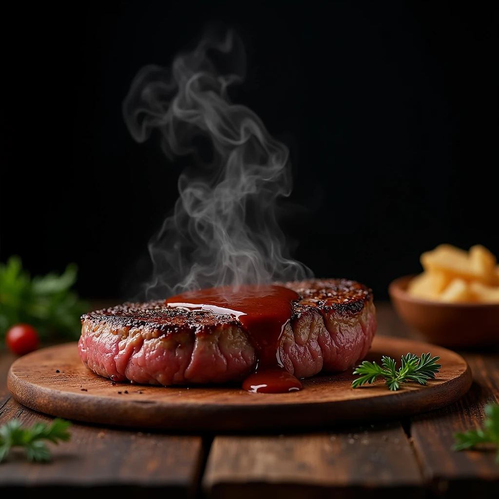 Steak recipe clean picture realistic food, steaming hot, peppercorn sauce on top of the steak and dripping off the side of the steak, on rustic wood floor, placed on a dark background, medium contrast
