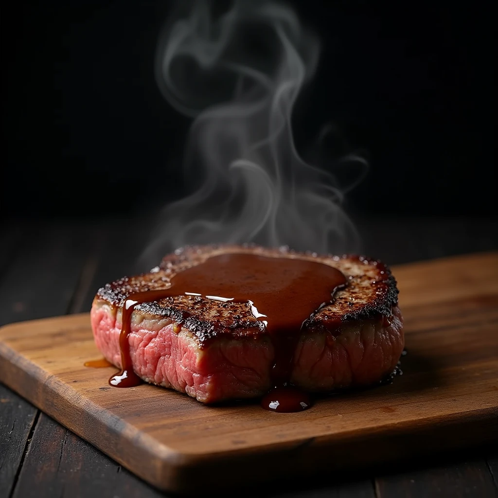 Steak recipe clean picture realistic food, steaming hot, peppercorn sauce on top of the steak and dripping off the side of the steak, on rustic wood floor, placed on a dark background, medium contrast