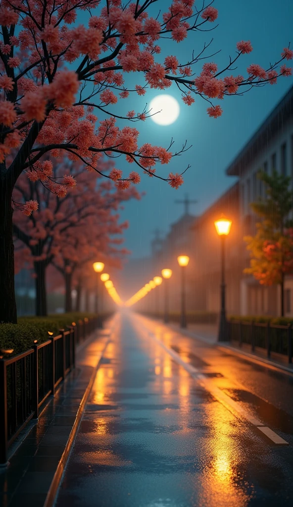 visual image or photograph,long shot photo,moonlit night ,highlight the depth of field and quality, conveying a sense of happiness and a good life despite the rainy weather season, autumn season,street, lantern street light,rain drops,tree flower in street line.