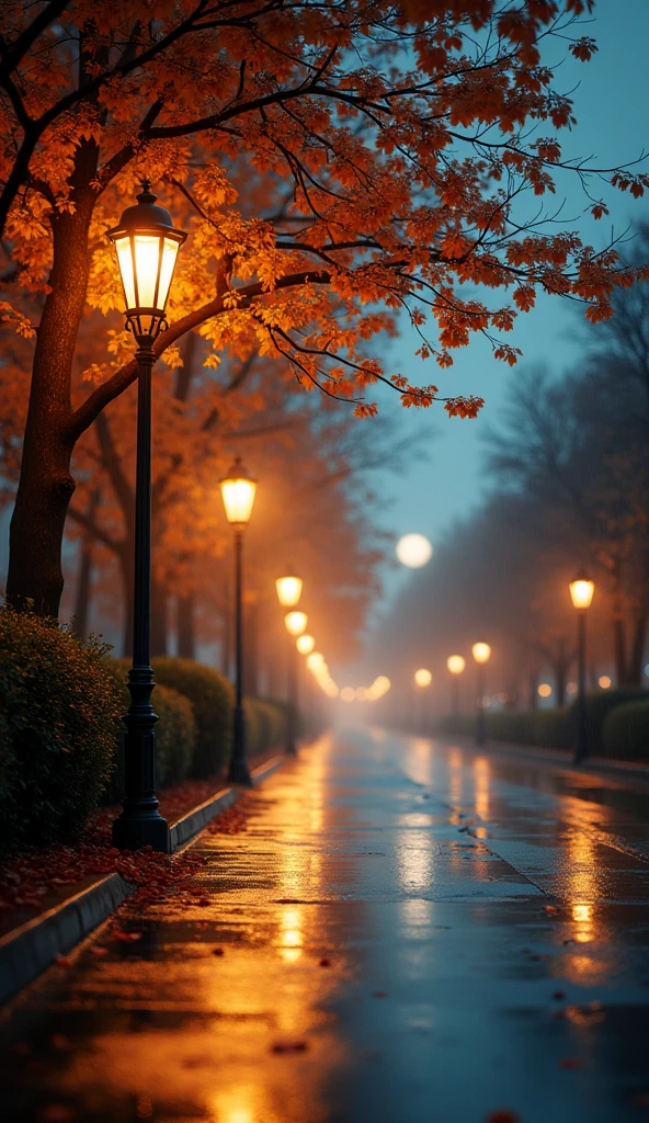 visual image or photograph,long shot photo,moonlit night ,highlight the depth of field and quality, conveying a sense of happiness and a good life despite the rainy weather season, autumn season,street, lantern street light,rain drops,tree flower in street line.