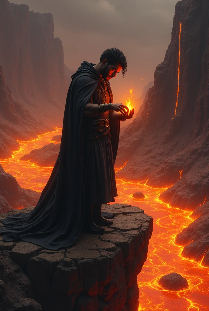 Dans un paysage volcanique, sur un rocher au milieu d'un lac de lave, un homme, brun, avec les yeux rouges, avec une cape noir forge un anneau en or.