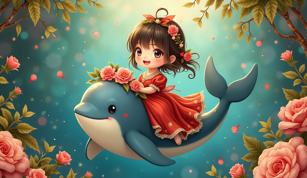 A Chibi girl, Elegant red silk dress, Hold Roses, smiling and funny expression, rose garland on head, riding a chibi magic whale in the ocean , ลายเข็นแดง ทอง สไตล์ Gustav Klimt art ,งดงามวิจิตร,fantasy, สีสดใส, aurora ,wide shot, full body, 16:9 ,cute detailed digital art, background matching red, creating a harmonious and dreamlike portrait, beautiful art uhd 8k, adorable digital painting, magical jungle , very beautiful gorgeous digital art,