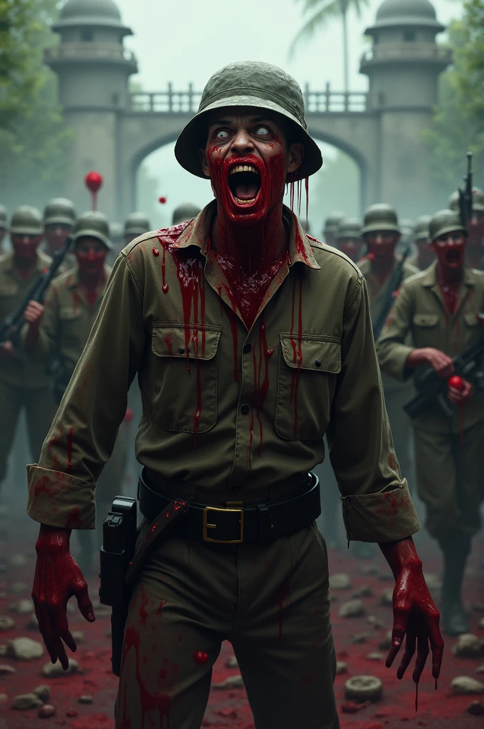 The Vietnamese zombie soldier is completely covered in blood, blood is coming out of his mouth and many other soldiers are standing behind him. There is a dark area and there is a fort behind which is quite scary. All these zombie soldiers have guns and knives in their hands. And many soldiers have cloths tied over their mouths which are soaked in blood.