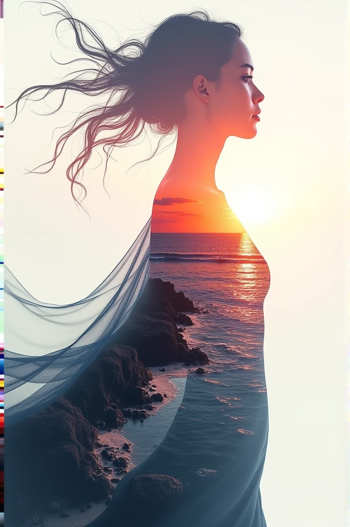 high quality, 8K Ultra HD, A beautiful double exposure that combines an goddess silhouette with sunset coast, sunset coast should serve as the underlying backdrop, with its details incorporated into the goddess , crisp lines, The background is monochrome, sharp focus, double exposure, by yukisakura, awesome full color,