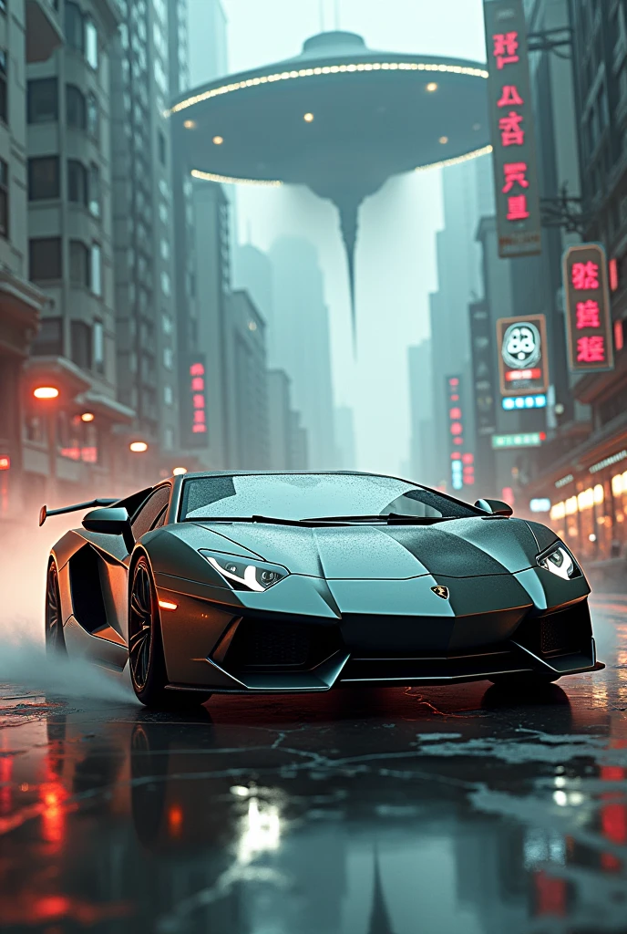 A diving a Lamborghini and ches ufo and alian beg raund is city