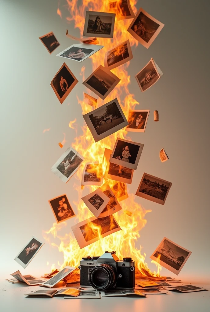Generates an image of photographs falling to the floor while they are on fire with a camera with a broken lens lying on the floor. The images do not show content