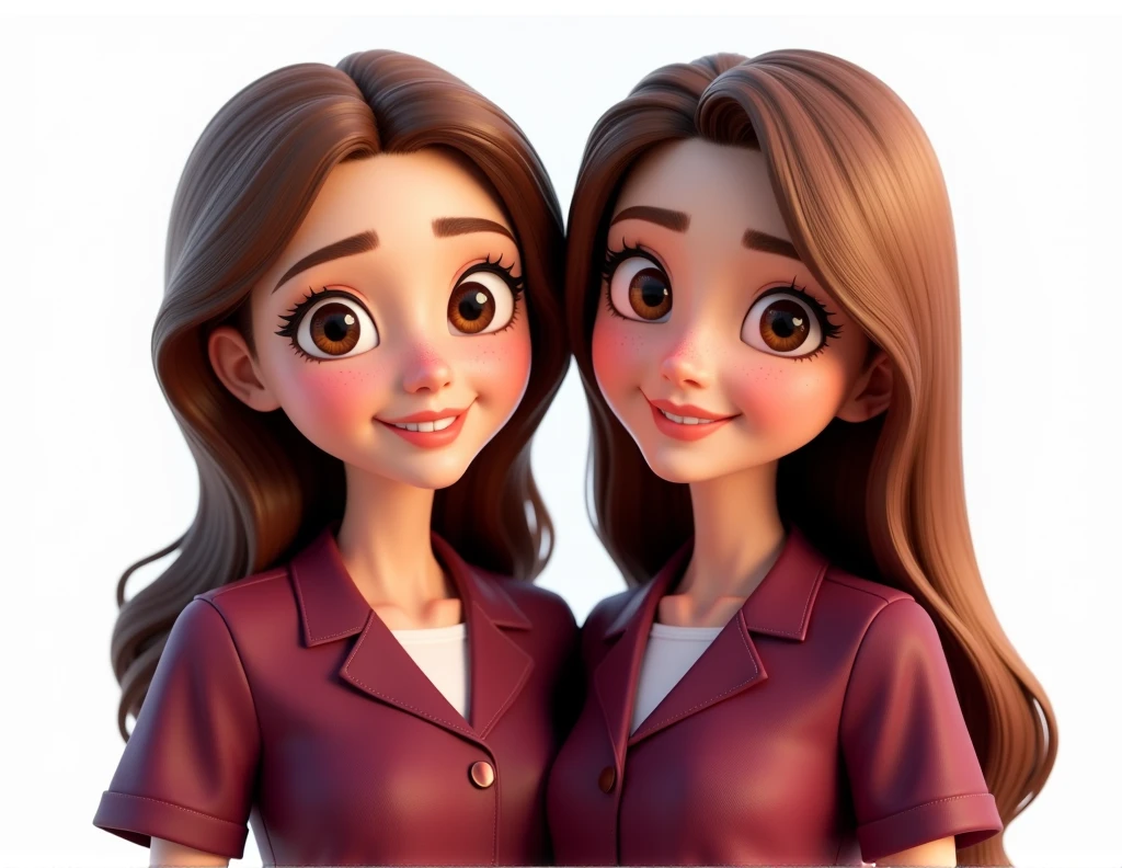 create a 3d pixar-style portrait image with a clean look and white background of a 2 female dentist, skin fair, big brown eyes, chestnut hair, long and smooth, with burgundy wine lab coat